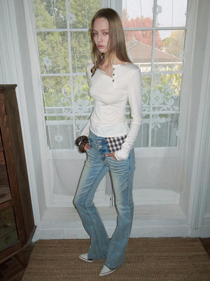 1JINN STUDIO Check Asymmetric Henley Patch Faux Layered Women&