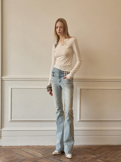 1JINN STUDIO Check Asymmetric Henley Patch Faux Layered Women&