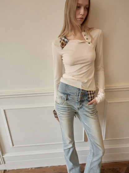 1JINN STUDIO Check Asymmetric Henley Patch Faux Layered Women&
