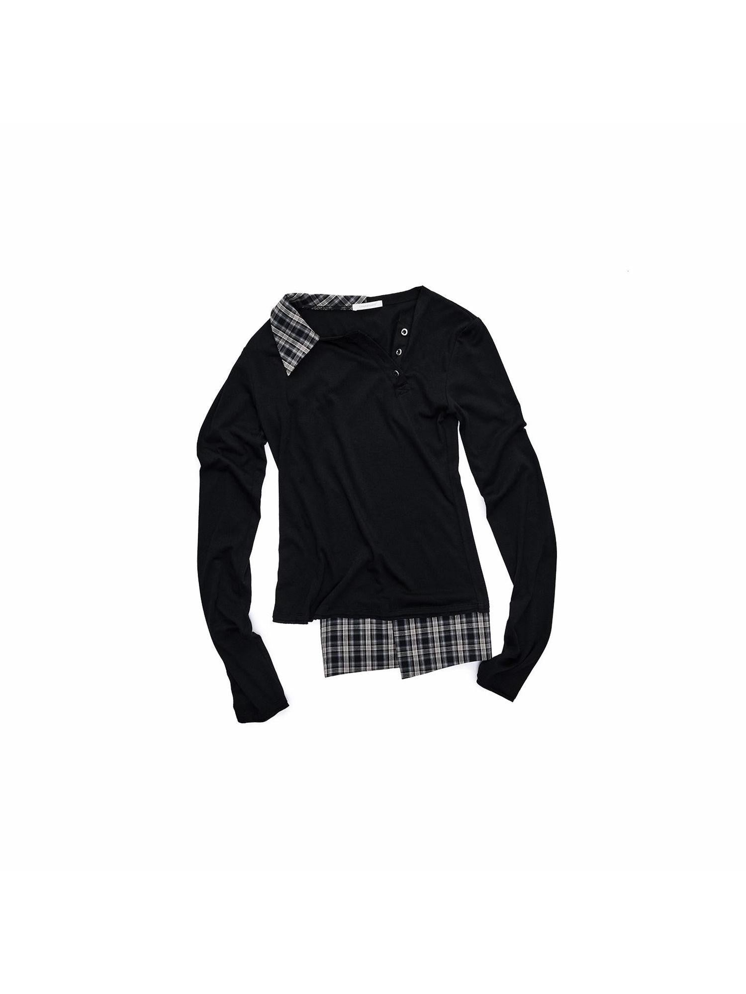 1JINN STUDIO Check Asymmetric Henley Patch Faux Layered Women&