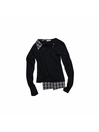 1JINN STUDIO Check Asymmetric Henley Patch Faux Layered Women&