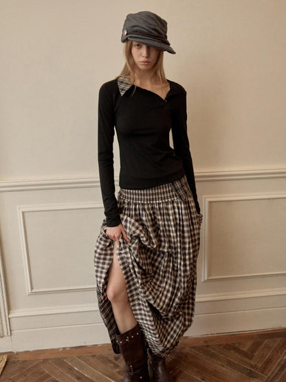 1JINN STUDIO Check Asymmetric Henley Patch Faux Layered Women&