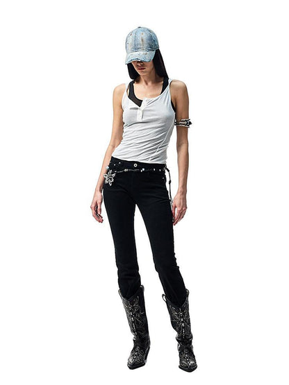 1JINN STUDIO Colorblock Faux Two Piece U Neck Slim Fit Women&