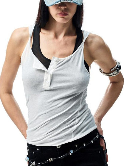 1JINN STUDIO Colorblock Faux Two Piece U Neck Slim Fit Women&