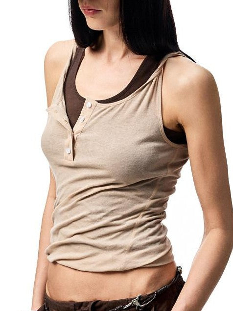 1JINN STUDIO Colorblock Faux Two Piece U Neck Slim Fit Women&