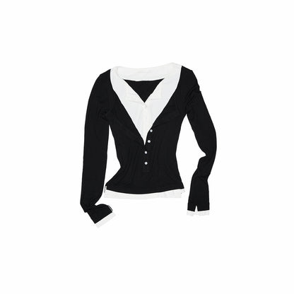 1JINN_STUDIO_Colorblock_Henley_Collar_Faux_Layered_Slim_Stretch_Women&