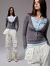 1JINN STUDIO Colorblock Henley Collar Faux Layered Slim Stretch Women&