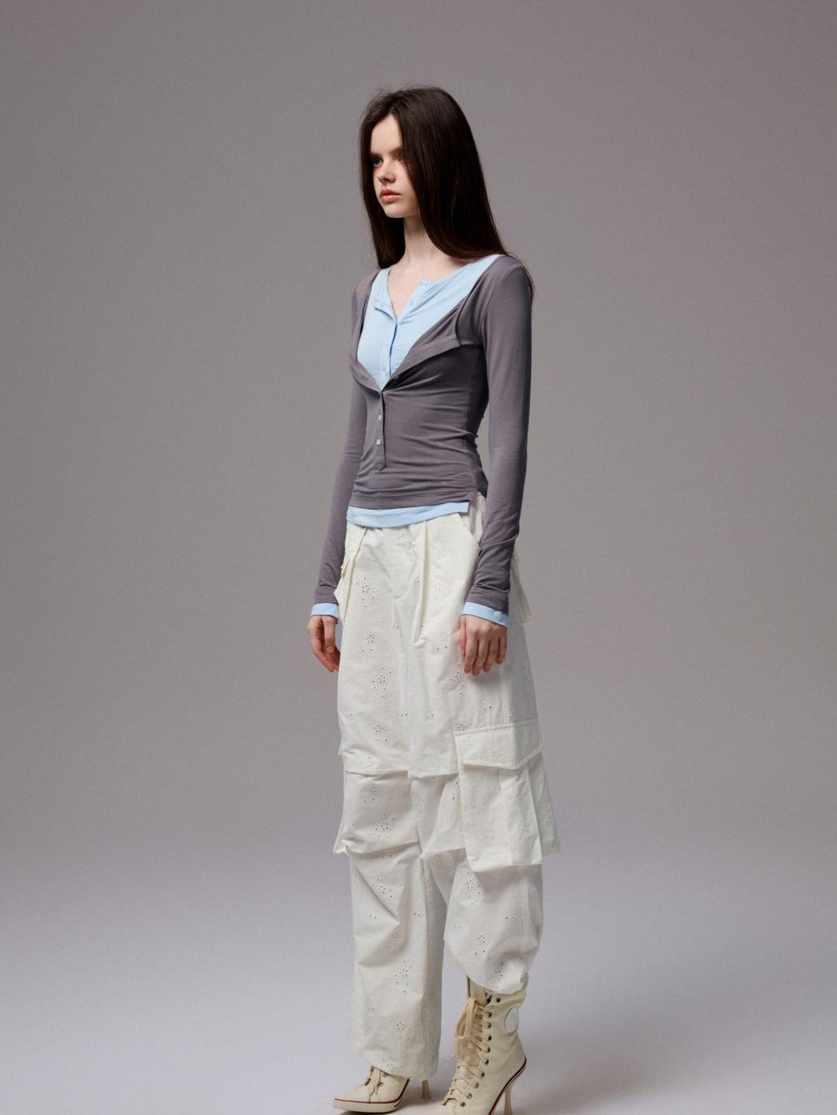 1JINN STUDIO Colorblock Henley Collar Faux Layered Slim Stretch Women&