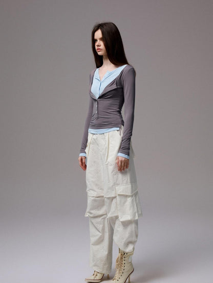 1JINN STUDIO Colorblock Henley Collar Faux Layered Slim Stretch Women&