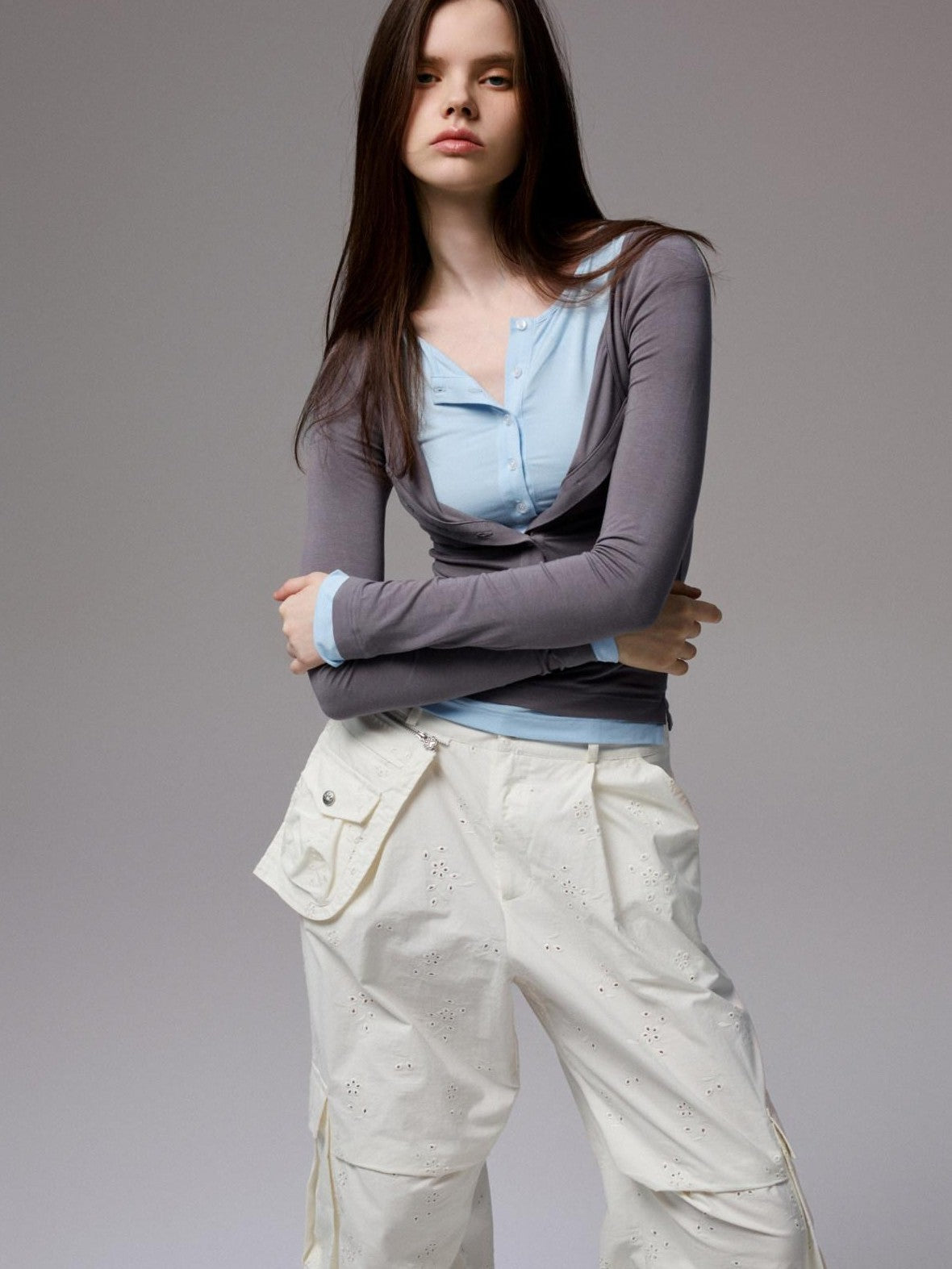 1JINN STUDIO Colorblock Henley Collar Faux Layered Slim Stretch Women&
