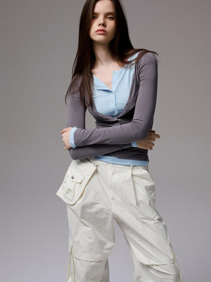 1JINN STUDIO Colorblock Henley Collar Faux Layered Slim Stretch Women&