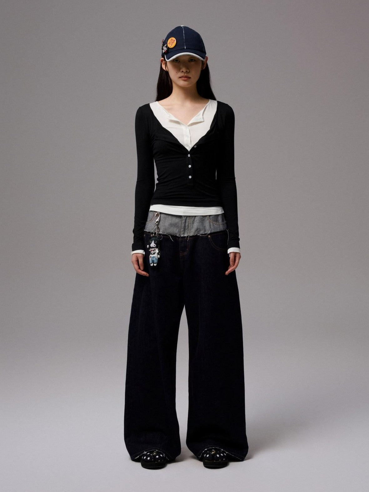 1JINN STUDIO Colorblock Henley Collar Faux Layered Slim Stretch Women&