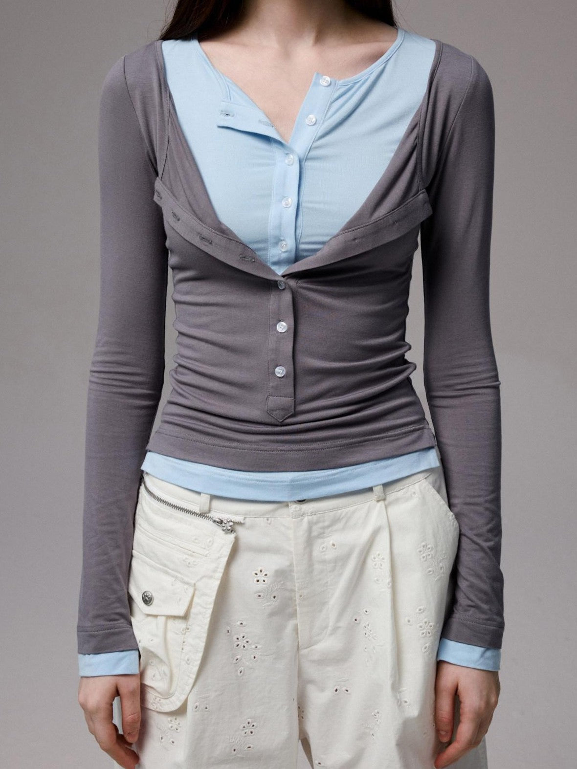 1JINN STUDIO Colorblock Henley Collar Faux Layered Slim Stretch Women&