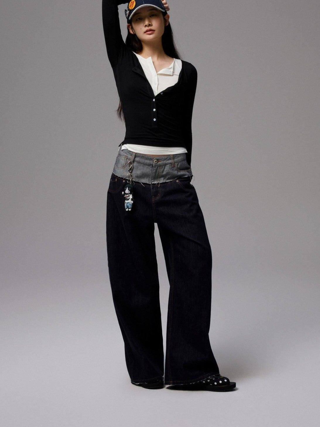 1JINN STUDIO Colorblock Henley Collar Faux Layered Slim Stretch Women&