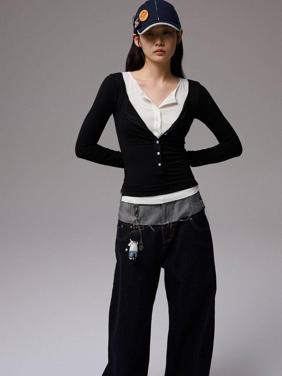 1JINN STUDIO Colorblock Henley Collar Faux Layered Slim Stretch Women&