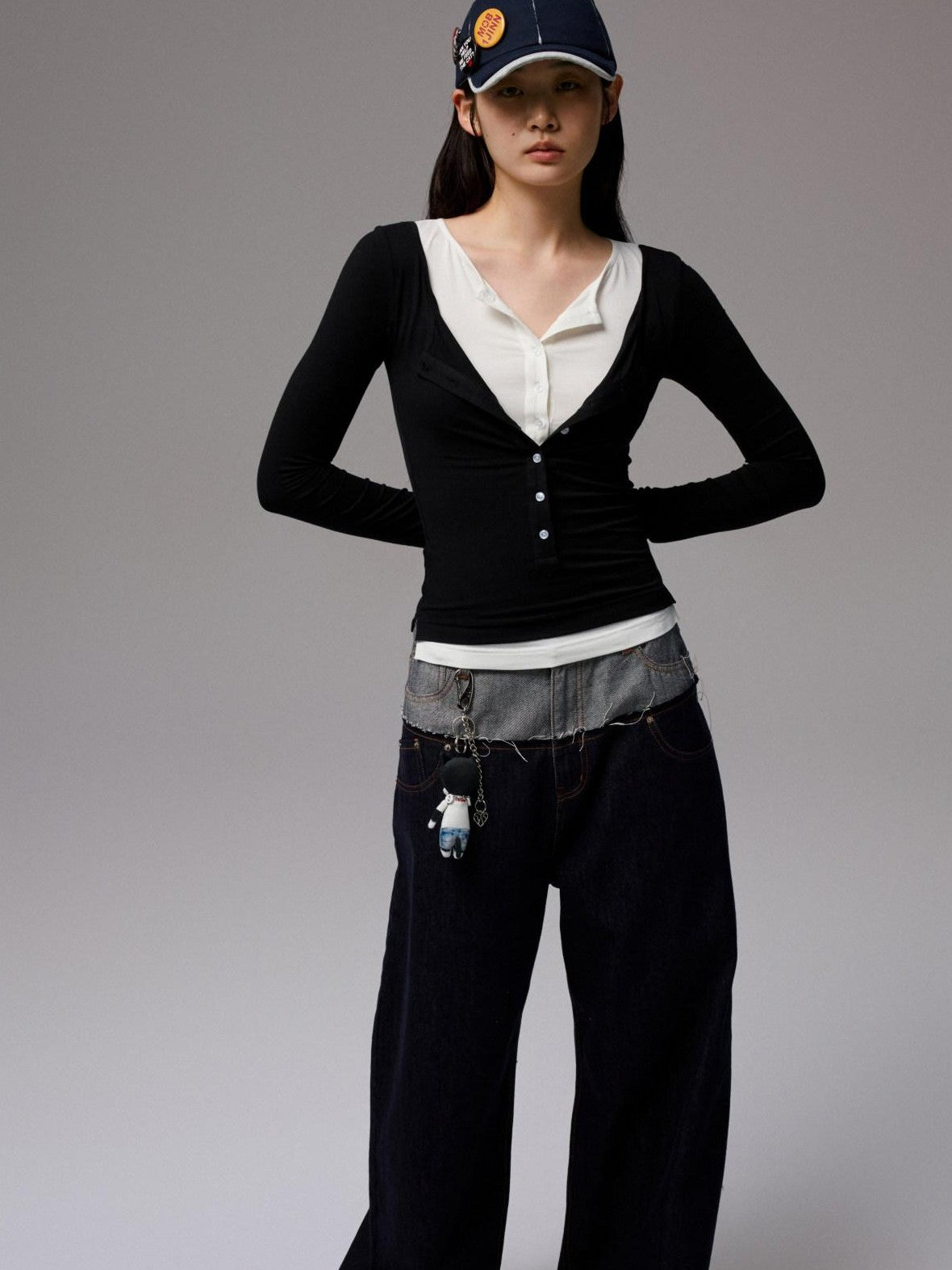 1JINN STUDIO Colorblock Henley Collar Faux Layered Slim Stretch Women&