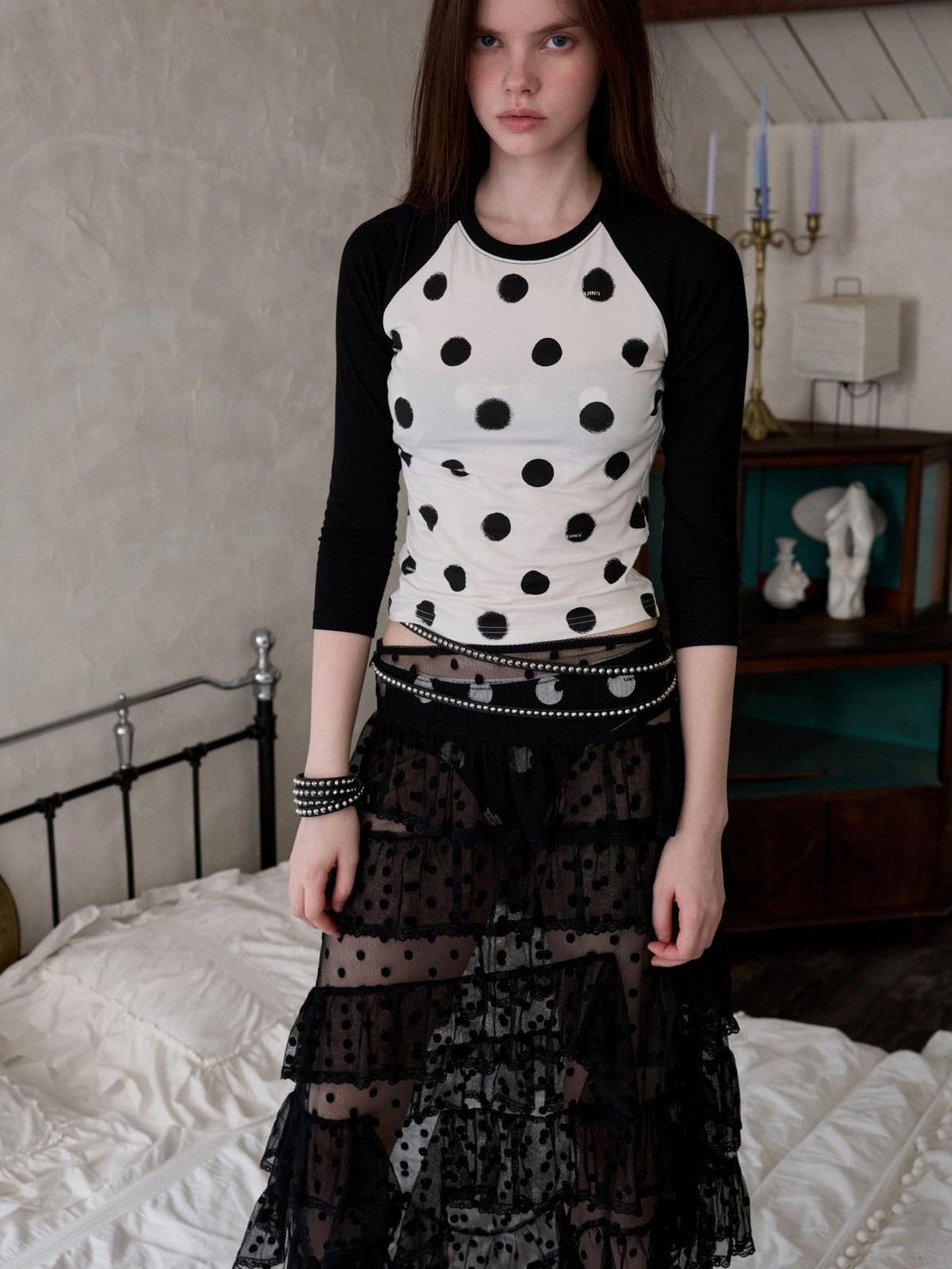 1JINN STUDIO Colorblock Polka Dot Print Raglan Three Quarter Sleeve Women&