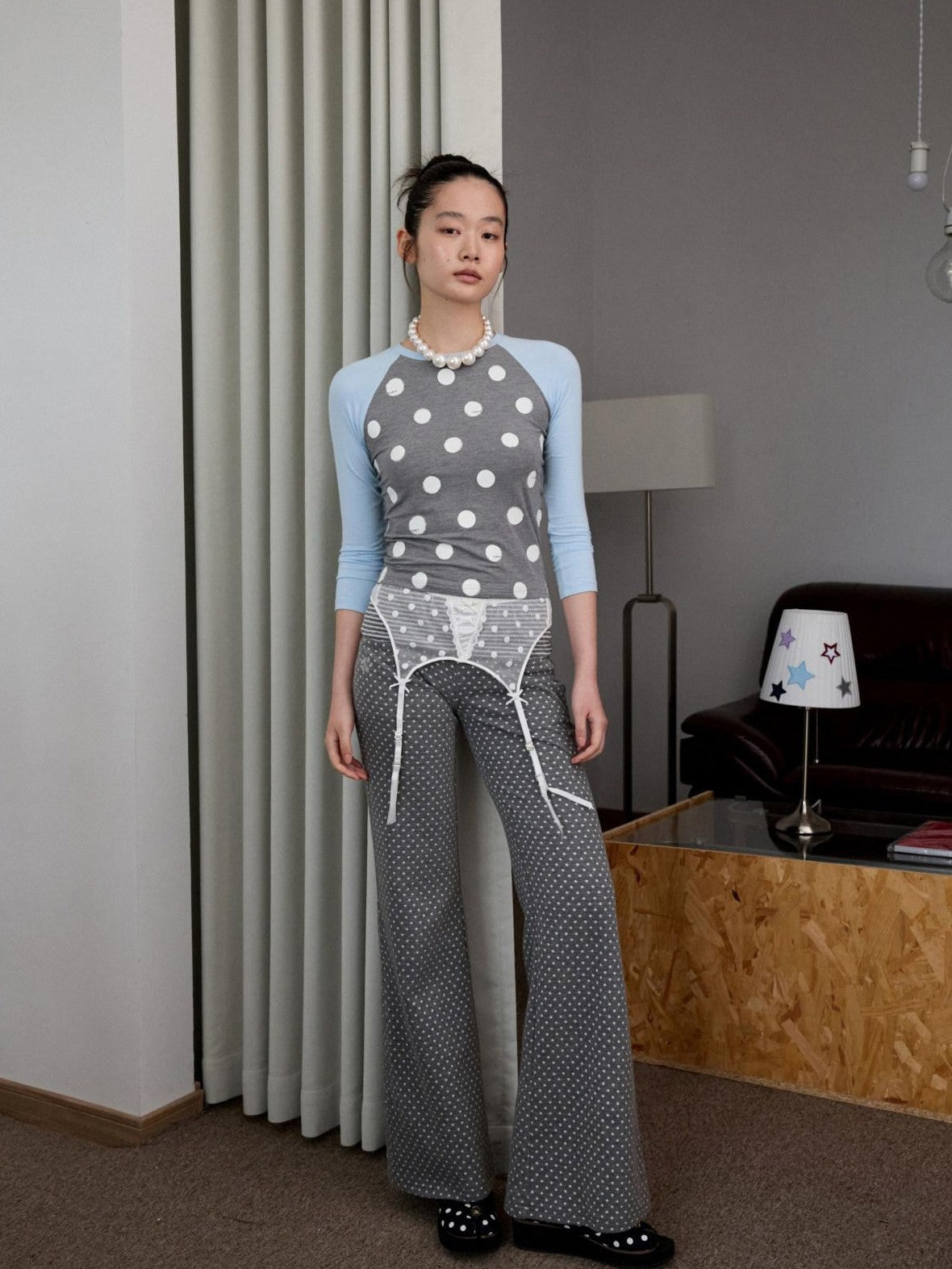 1JINN STUDIO Colorblock Polka Dot Print Raglan Three Quarter Sleeve Women&