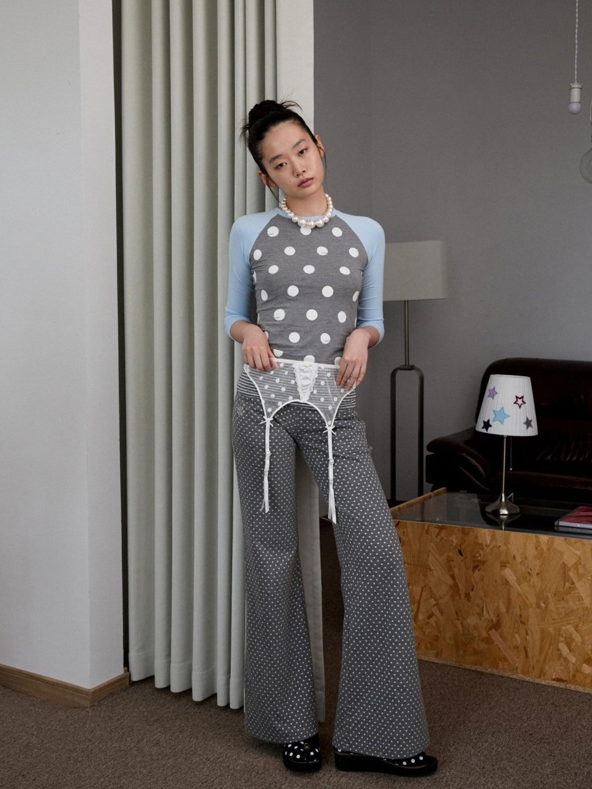 1JINN STUDIO Colorblock Polka Dot Print Raglan Three Quarter Sleeve Women&