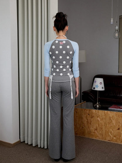 1JINN STUDIO Colorblock Polka Dot Print Raglan Three Quarter Sleeve Women&