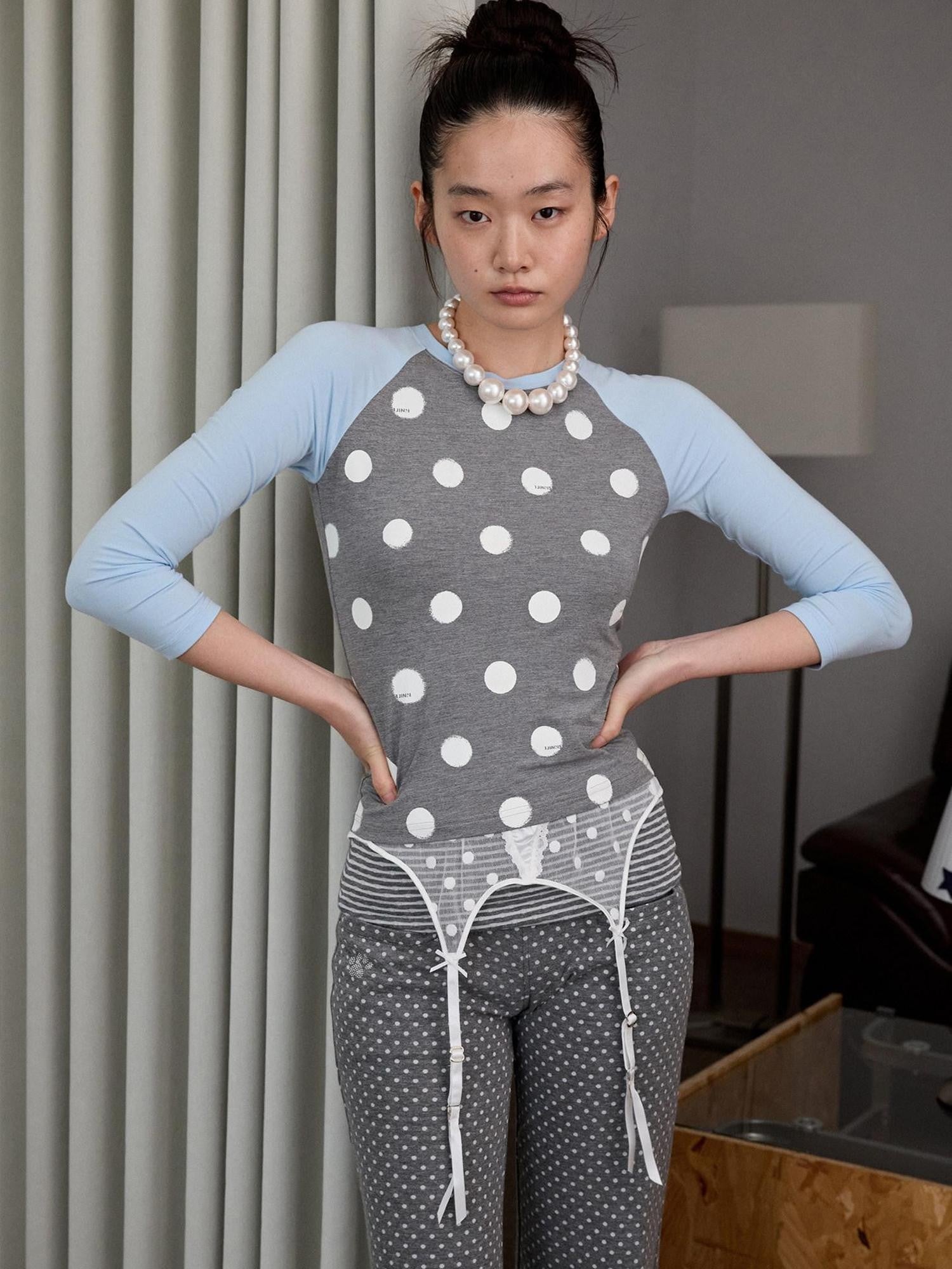 1JINN STUDIO Colorblock Polka Dot Print Raglan Three Quarter Sleeve Women&