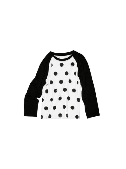 1JINN STUDIO Colorblock Polka Dot Print Raglan Three Quarter Sleeve Women&