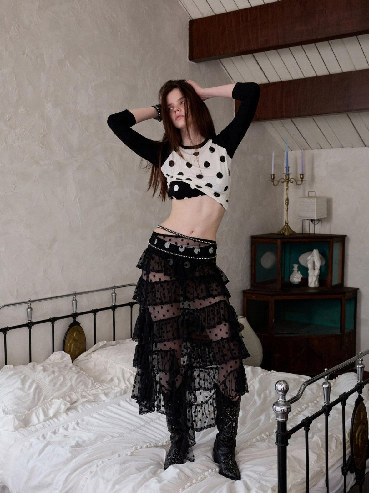 1JINN STUDIO Colorblock Polka Dot Print Raglan Three Quarter Sleeve Women&