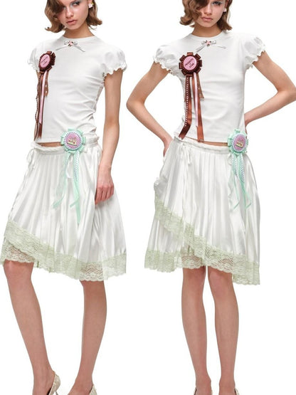 1JINN STUDIO Colorblock Satin Splice Lace Drawstring Irregular Pleated Women&
