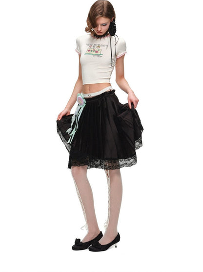 1JINN STUDIO Colorblock Satin Splice Lace Drawstring Irregular Pleated Women&