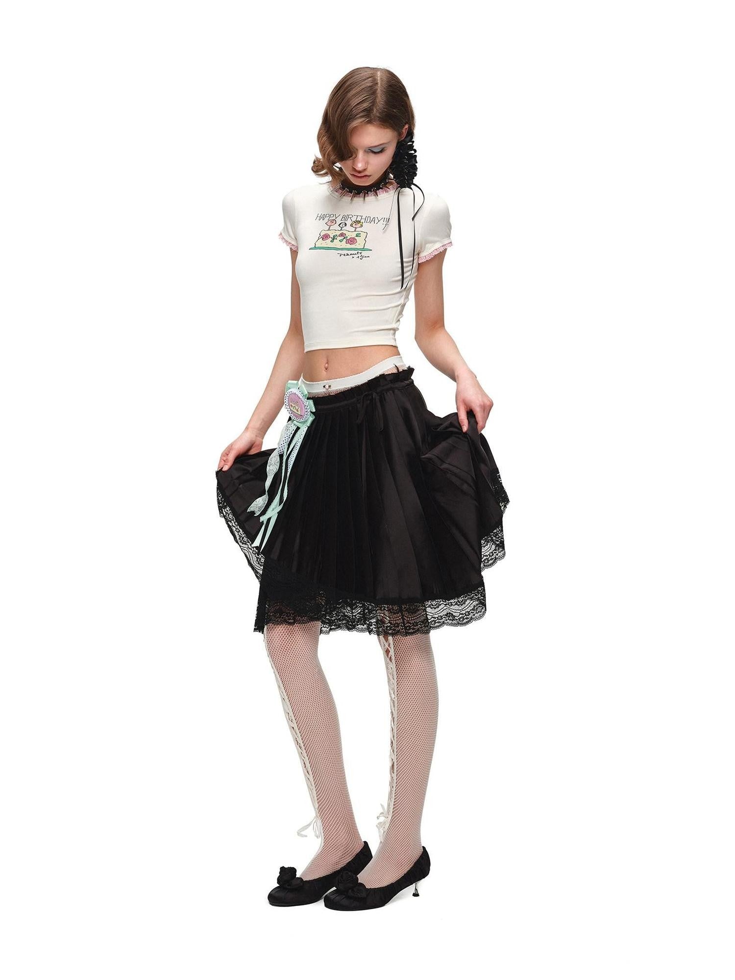 1JINN STUDIO Colorblock Satin Splice Lace Drawstring Irregular Pleated Women&