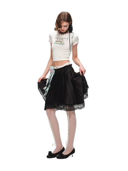 1JINN STUDIO Colorblock Satin Splice Lace Drawstring Irregular Pleated Women&