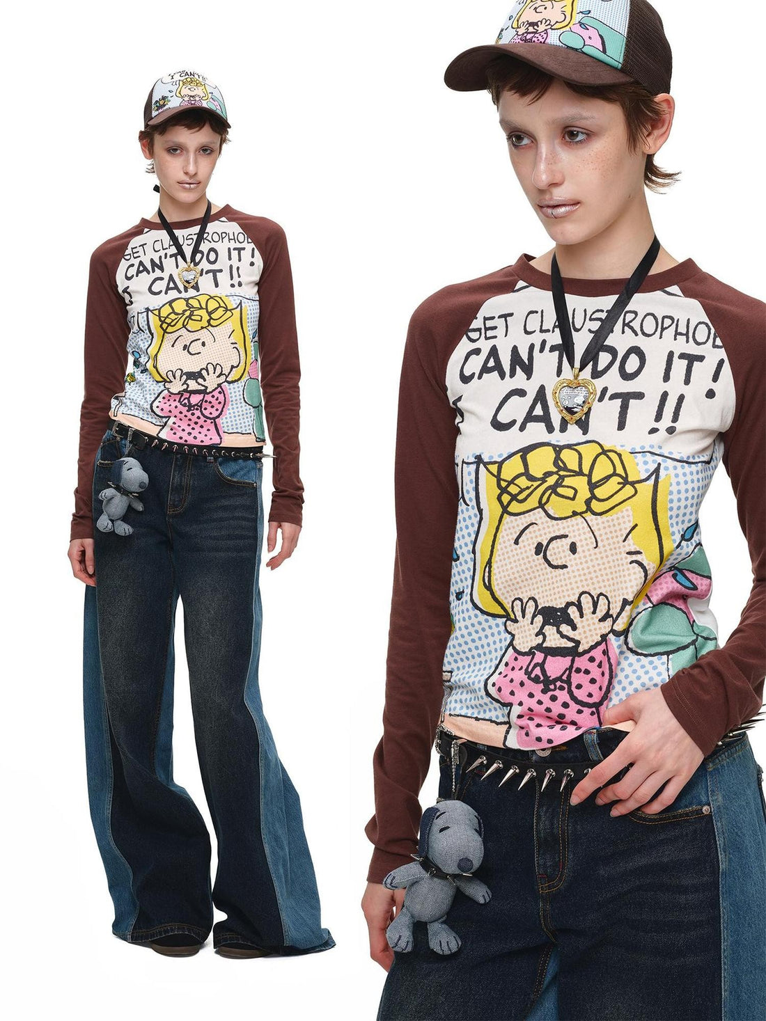 1JINN STUDIO Colorful Comic Print Contrast Slim Fit Raglan Sleeve Crew Neck Women&