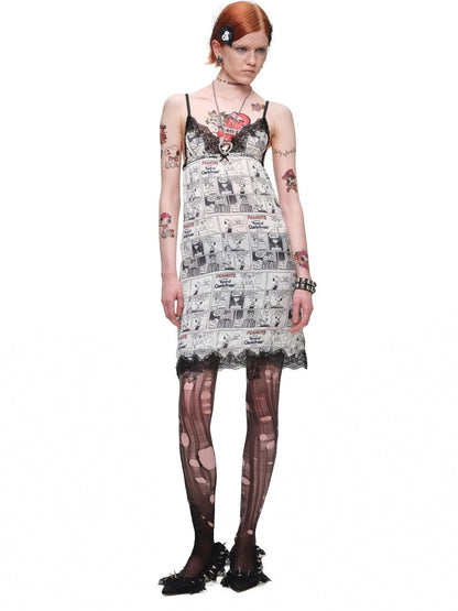 1JINN STUDIO Comic Print Lace Trim V-neck A Line Women&