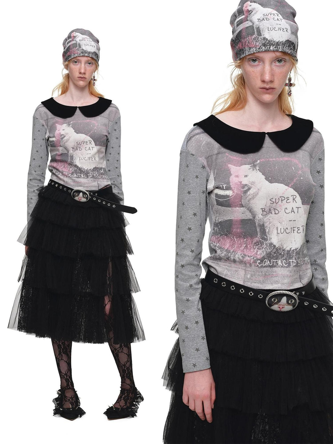 1JINN STUDIO Contrast Cat Print Peter Pan Collar Women&
