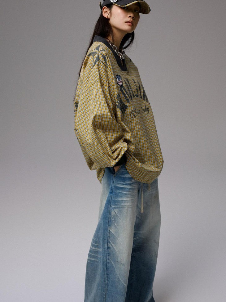 1JINN STUDIO Contrast Plaid Patchwork Badge Frayed Edge Women&
