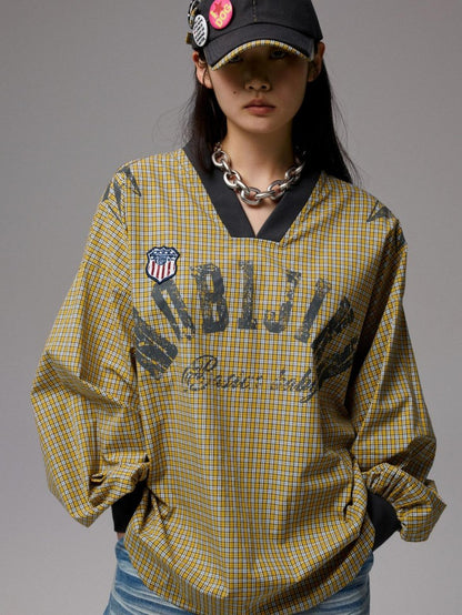 1JINN STUDIO Contrast Plaid Patchwork Badge Frayed Edge Women&