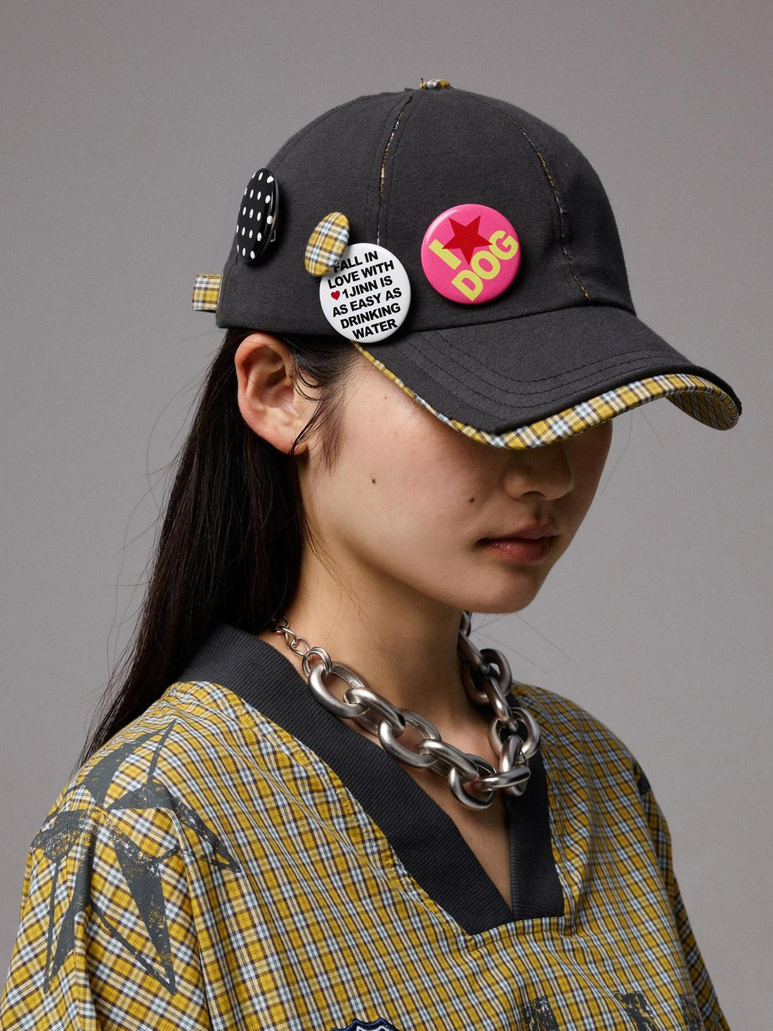 1JINN STUDIO Contrast Plaid Patchwork Badge Frayed Edge Women&