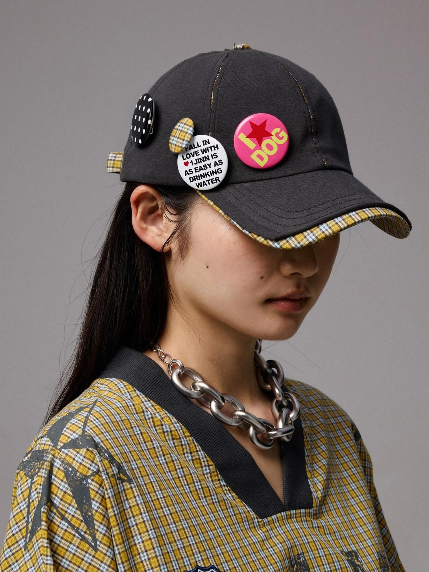 1JINN STUDIO Contrast Plaid Patchwork Badge Frayed Edge Women&
