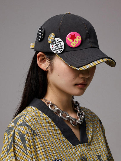 1JINN STUDIO Contrast Plaid Patchwork Badge Frayed Edge Women&