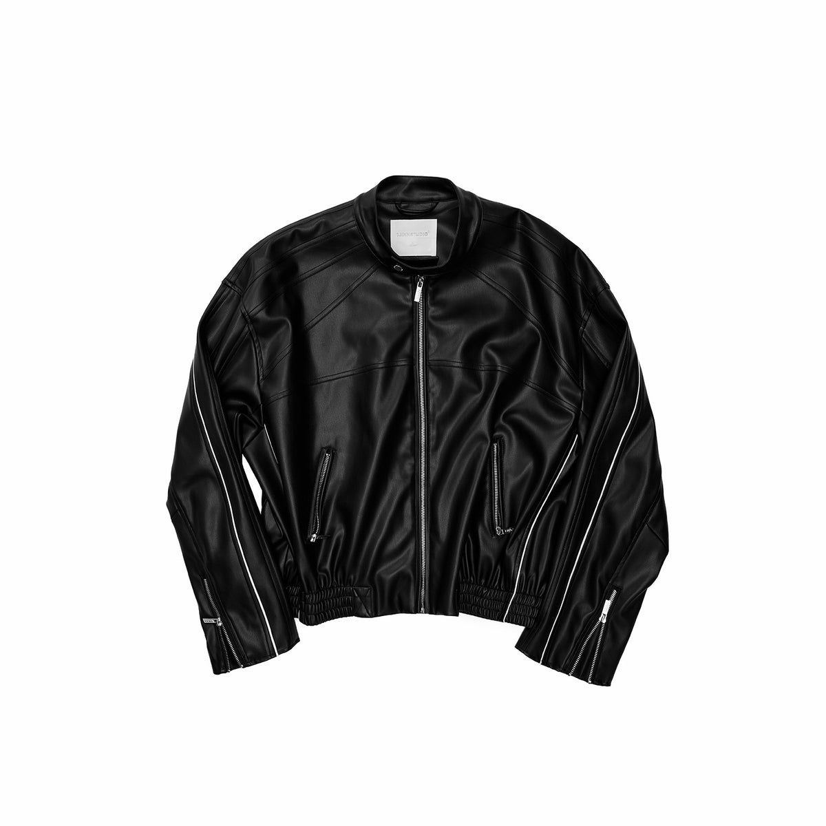 1JINN_STUDIO_Contrast_Woven_Strap_Oversized_Biker_Zipper_Cropped_Women&