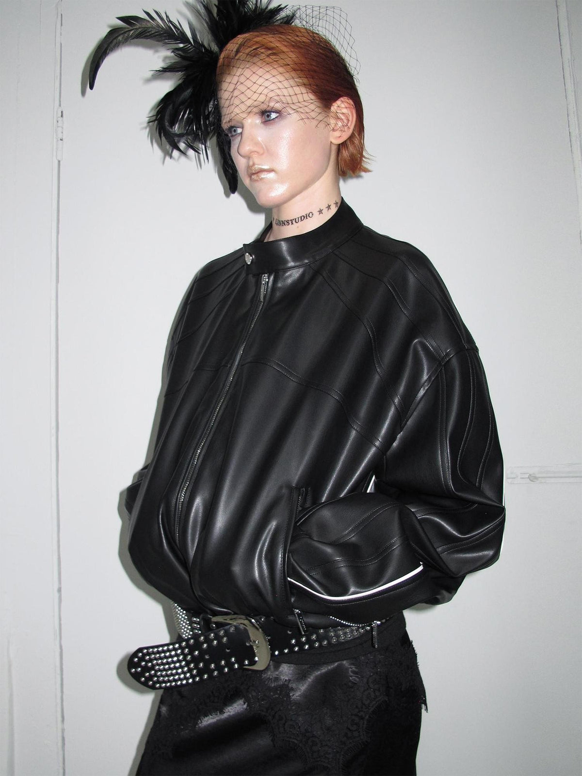 1JINN STUDIO Contrast Woven Strap Oversized Biker Zipper Cropped Women&