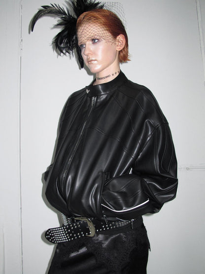 1JINN STUDIO Contrast Woven Strap Oversized Biker Zipper Cropped Women&