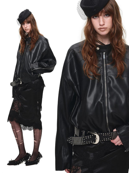 1JINN STUDIO Contrast Woven Strap Oversized Biker Zipper Cropped Women&