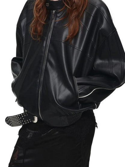 1JINN STUDIO Contrast Woven Strap Oversized Biker Zipper Cropped Women&