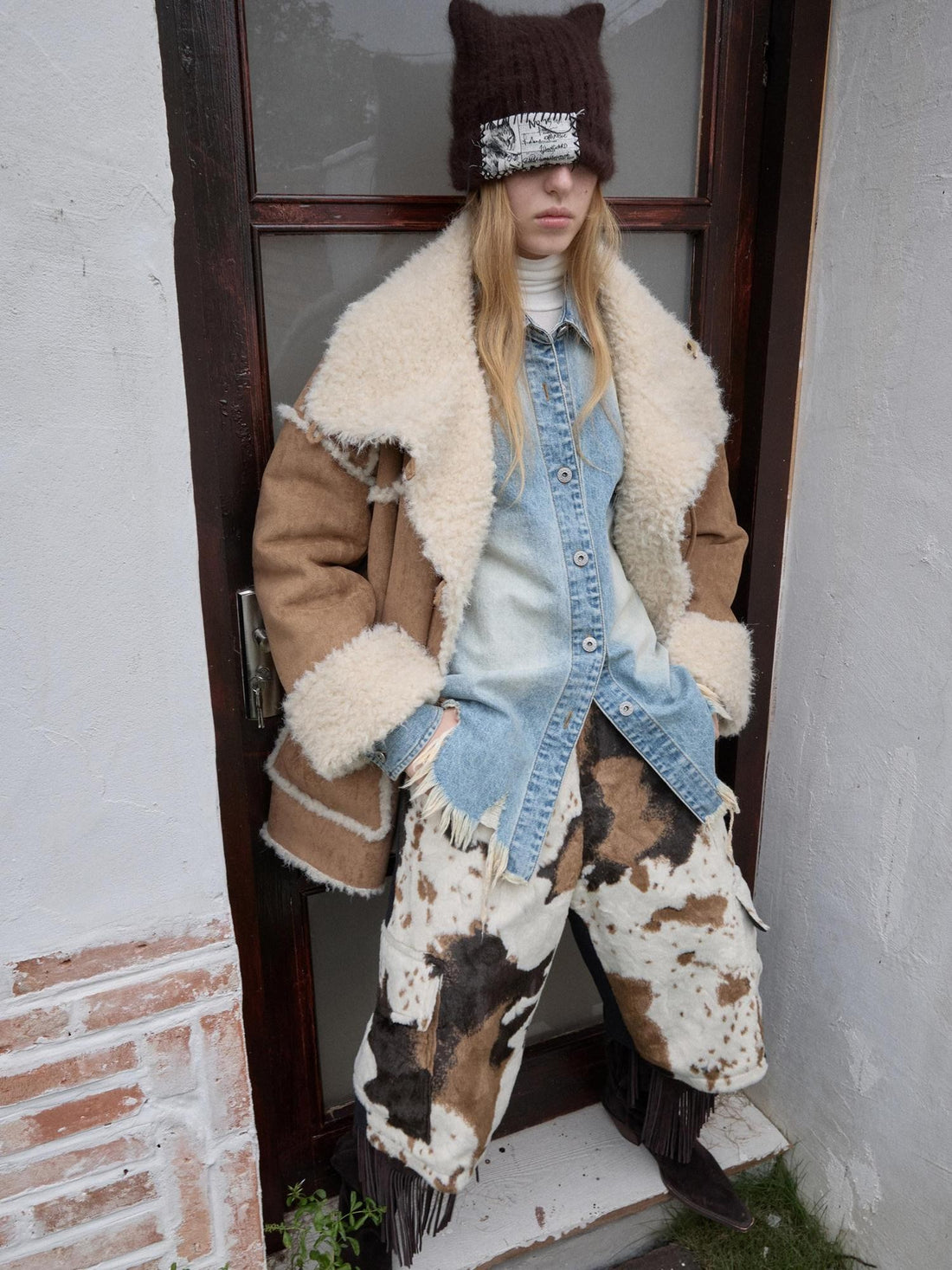 1JINN STUDIO Cow Print Patchwork Cargo Women&