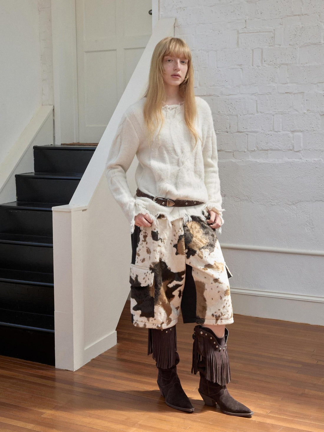 1JINN STUDIO Cow Print Patchwork Cargo Women&