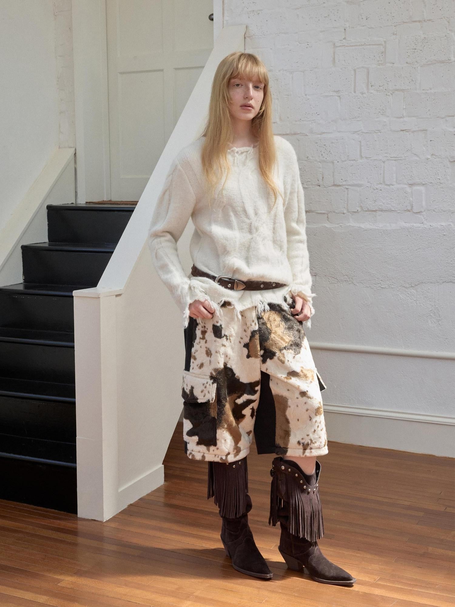 1JINN STUDIO Cow Print Patchwork Cargo Women&