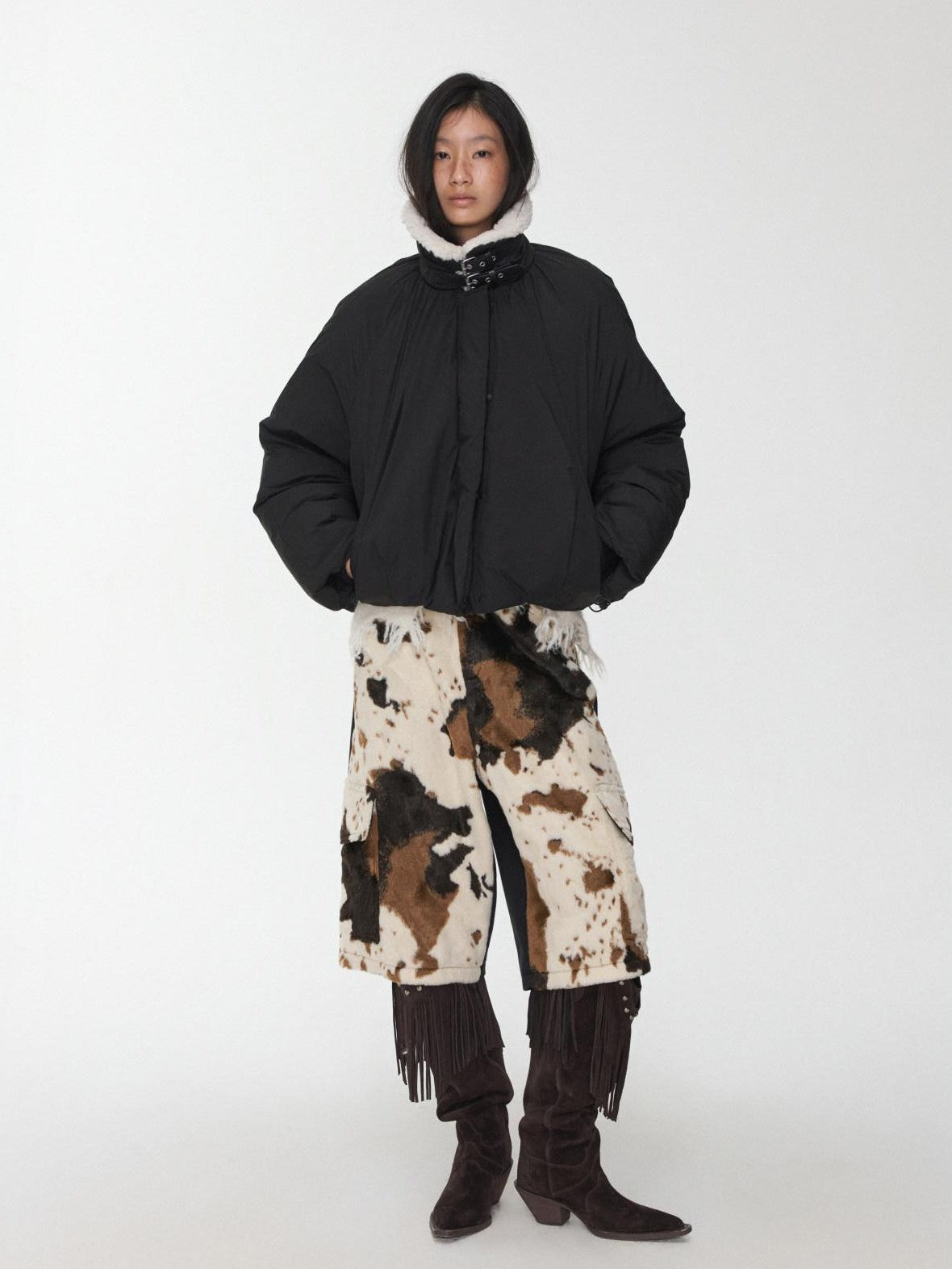 1JINN STUDIO Cow Print Patchwork Cargo Women&