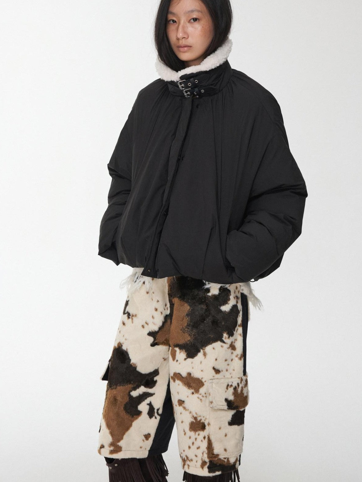 1JINN STUDIO Cow Print Patchwork Cargo Women&