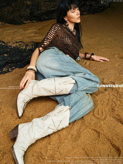 1JINN STUDIO Crackle Embroidered V Cut Pointed Women&